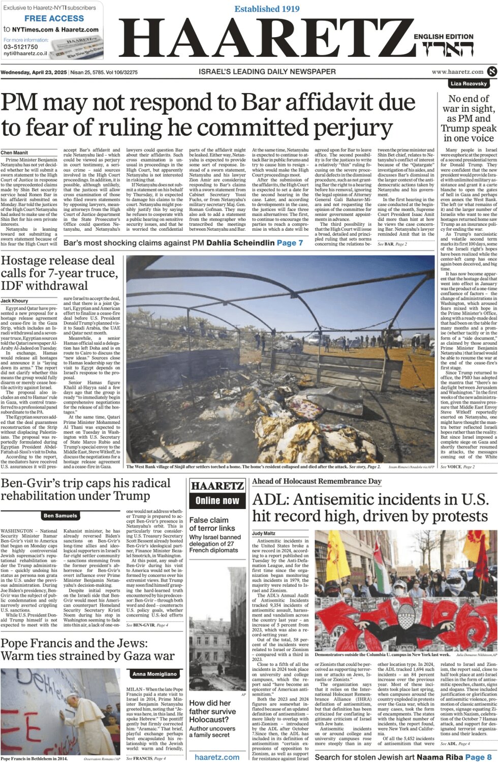 Prima Pagina Haaretz 23/04/2025