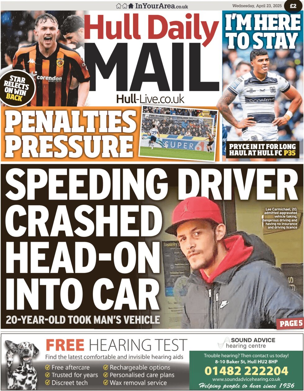Prima Pagina Hull Daily Mail 23/04/2025