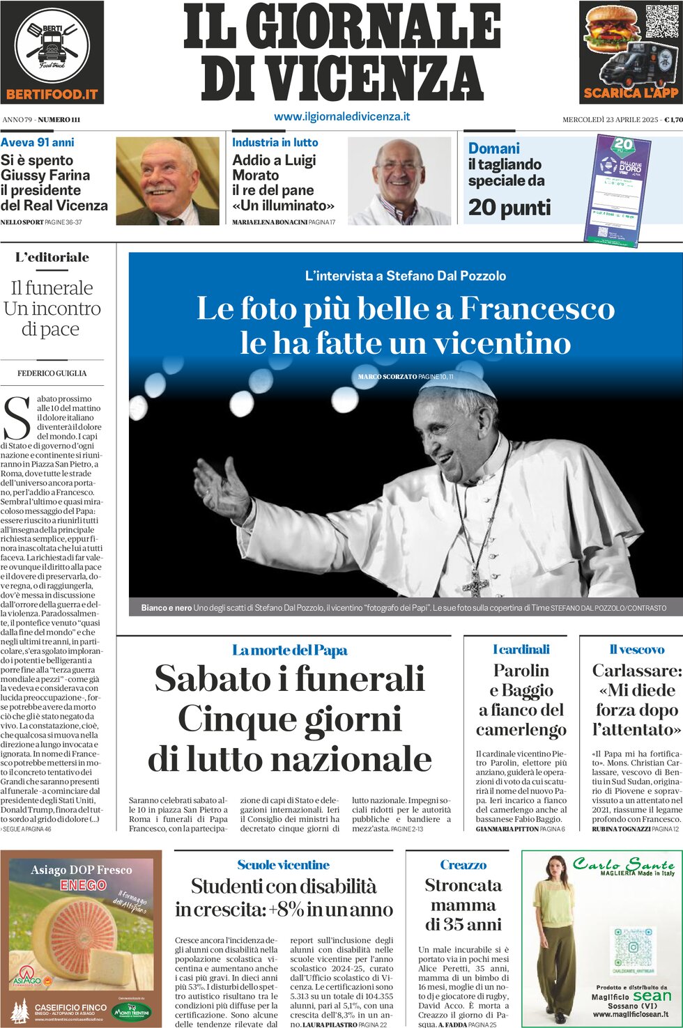 Prima Pagina Il Giornale di Vicenza 23/04/2025