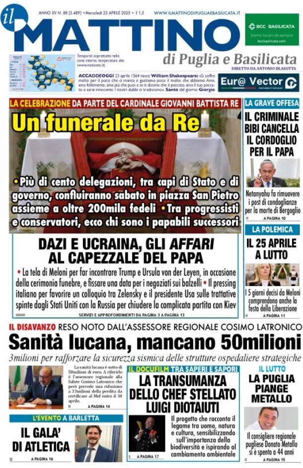 Prima Pagina Il Mattino di Puglia e Basilicata 23/04/2025