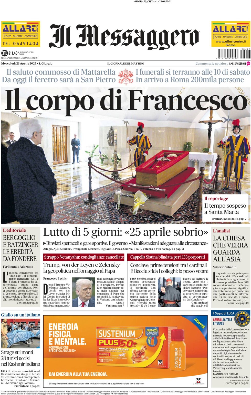 Prima Pagina Il Messaggero 23/04/2025