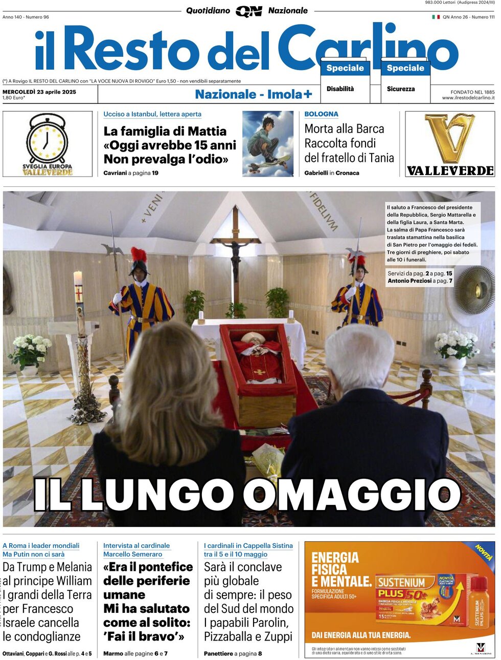 Prima Pagina Il Resto del Carlino 23/04/2025