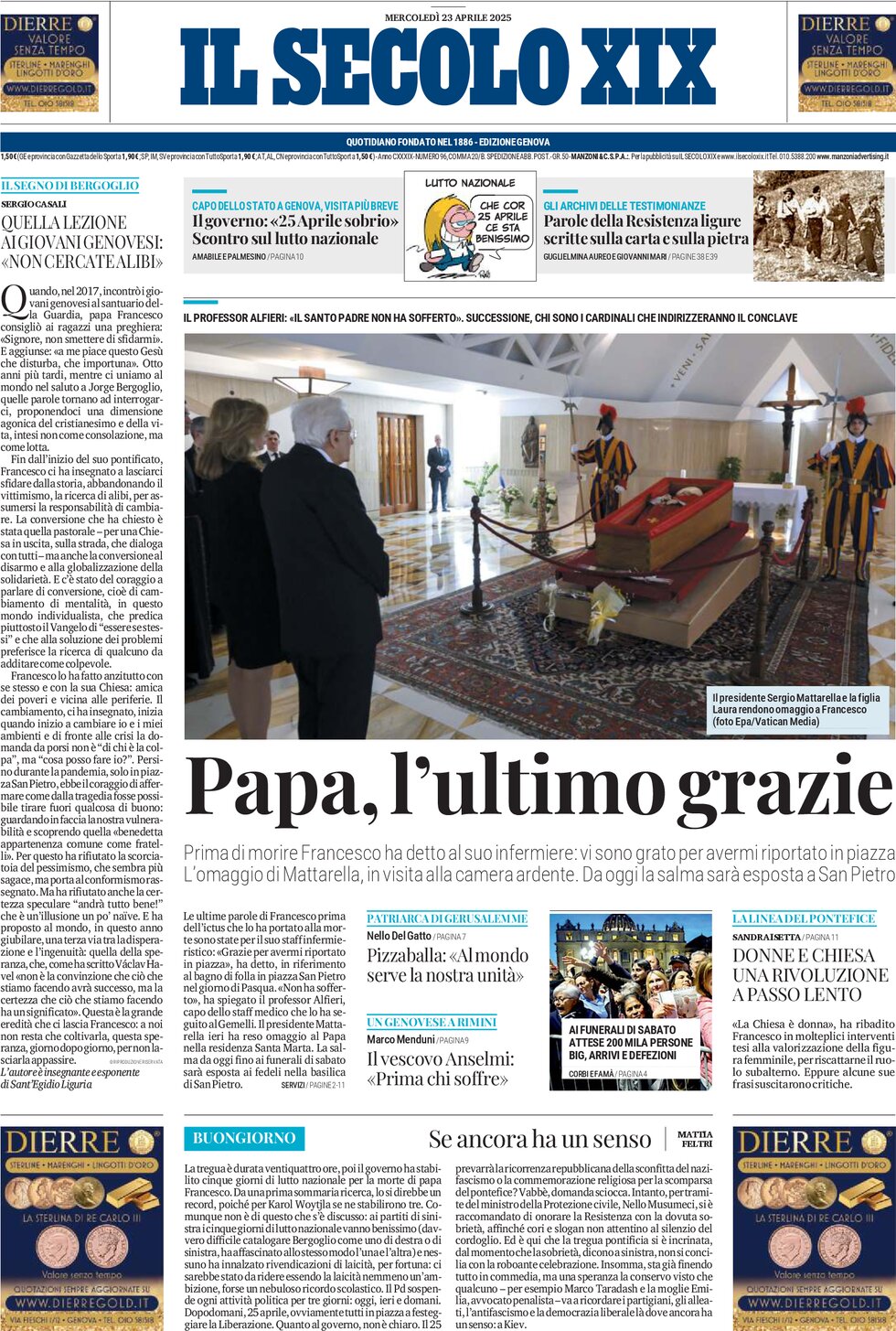 Prima Pagina Il Secolo XIX 23/04/2025
