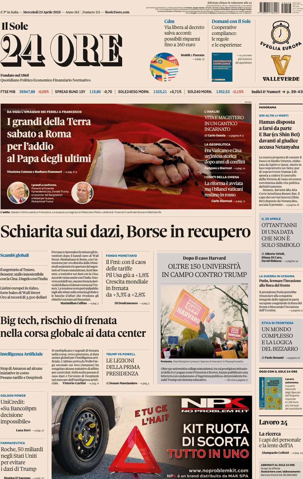 Prima Pagina Il Sole 24 Ore 23/04/2025