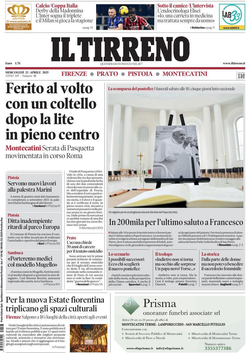 Prima Pagina Il Tirreno (Firenze, Prato, Pistoia, Montecatini) 23/04/2025