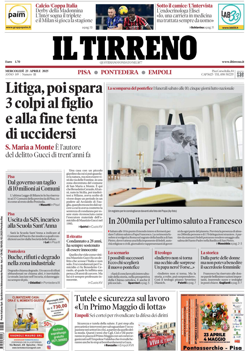 Prima Pagina Il Tirreno (Pisa, Pontedera) 23/04/2025