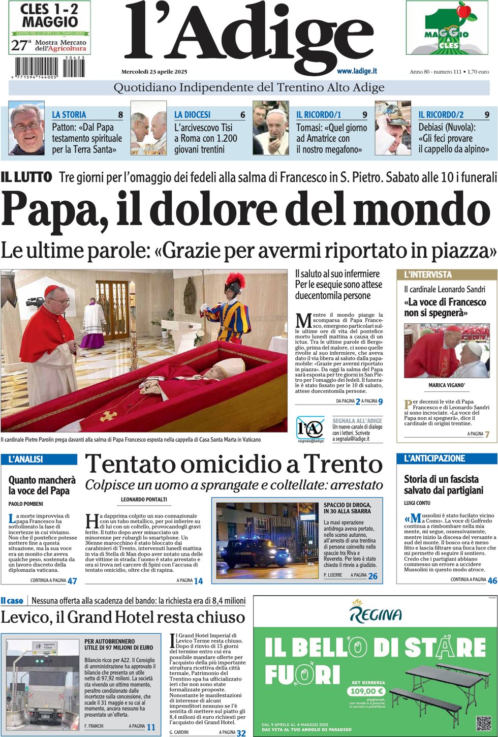 Prima Pagina L'Adige 23/04/2025