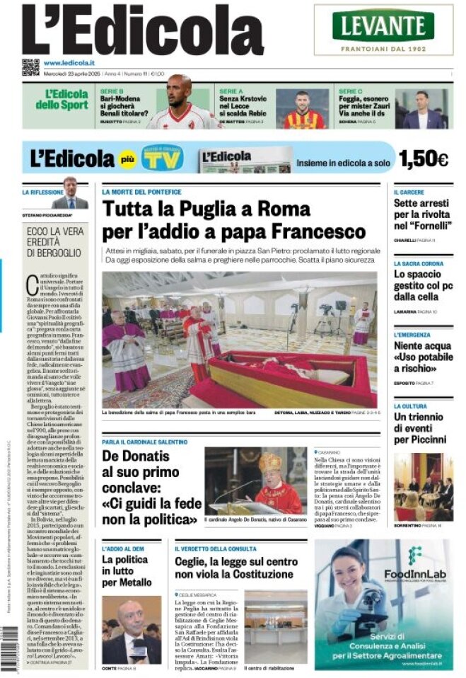 Prima Pagina L'Edicola (Bari) 23/04/2025