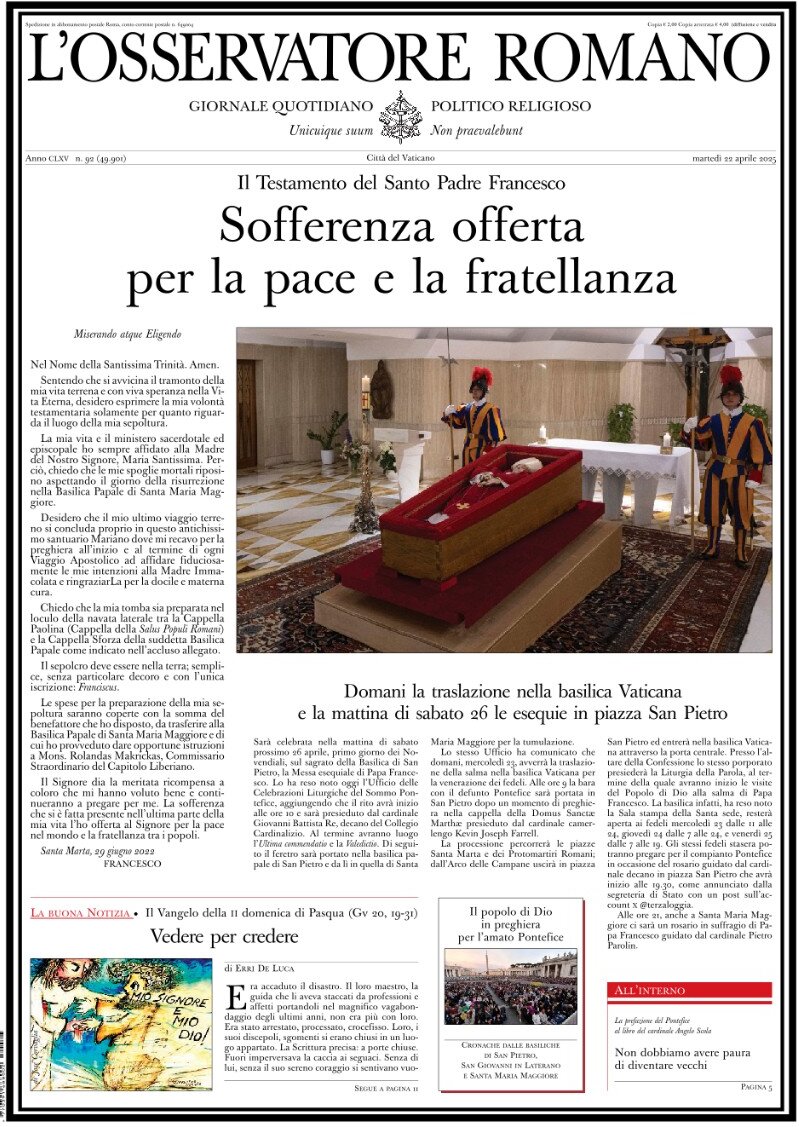 Prima Pagina L'Osservatore Romano 23/04/2025