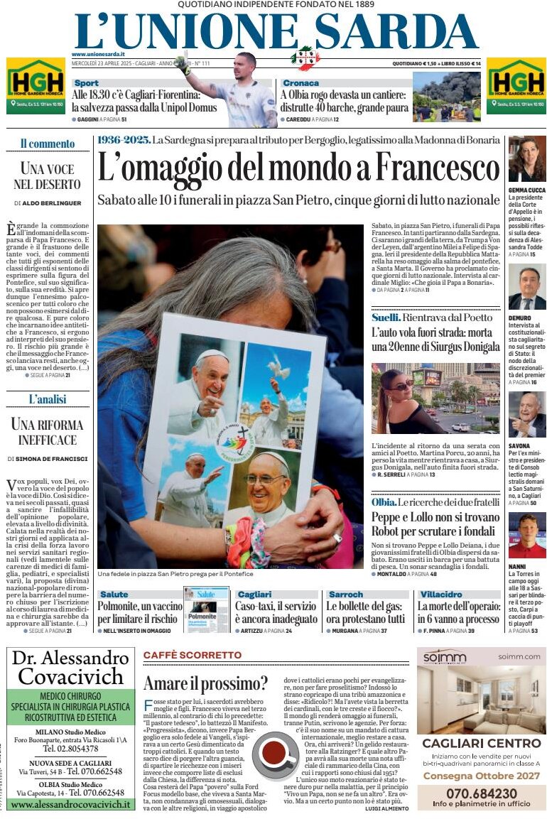 Prima Pagina L'Unione Sarda 23/04/2025
