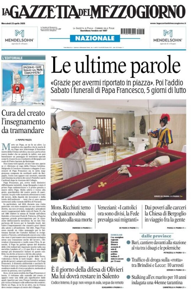 Prima Pagina La Gazzetta del Mezzogiorno (Bari) 23/04/2025