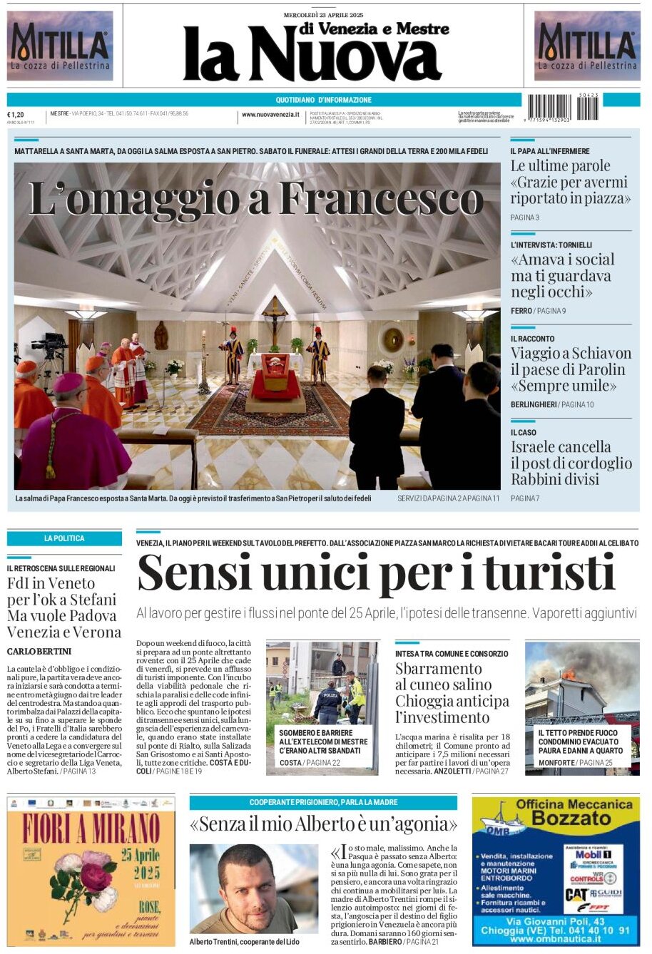 Prima Pagina La Nuova di Venezia e Mestre 23/04/2025