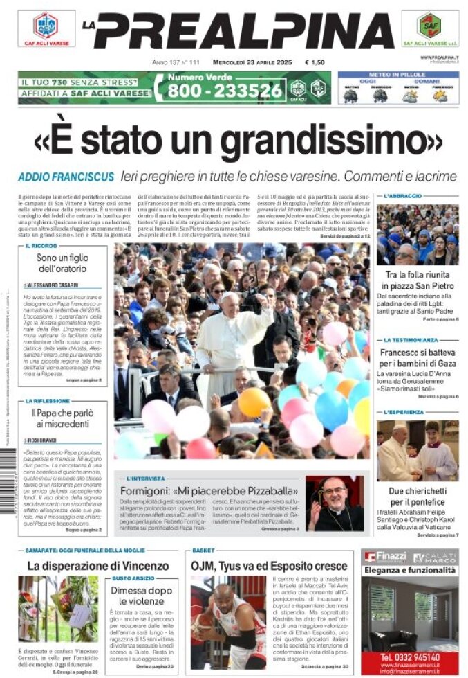Prima Pagina La Prealpina 23/04/2025