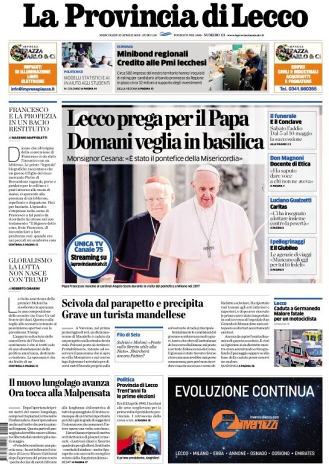 Prima Pagina La Provincia di Lecco 23/04/2025