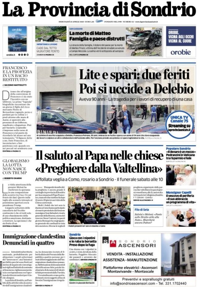Prima Pagina La Provincia di Sondrio 23/04/2025