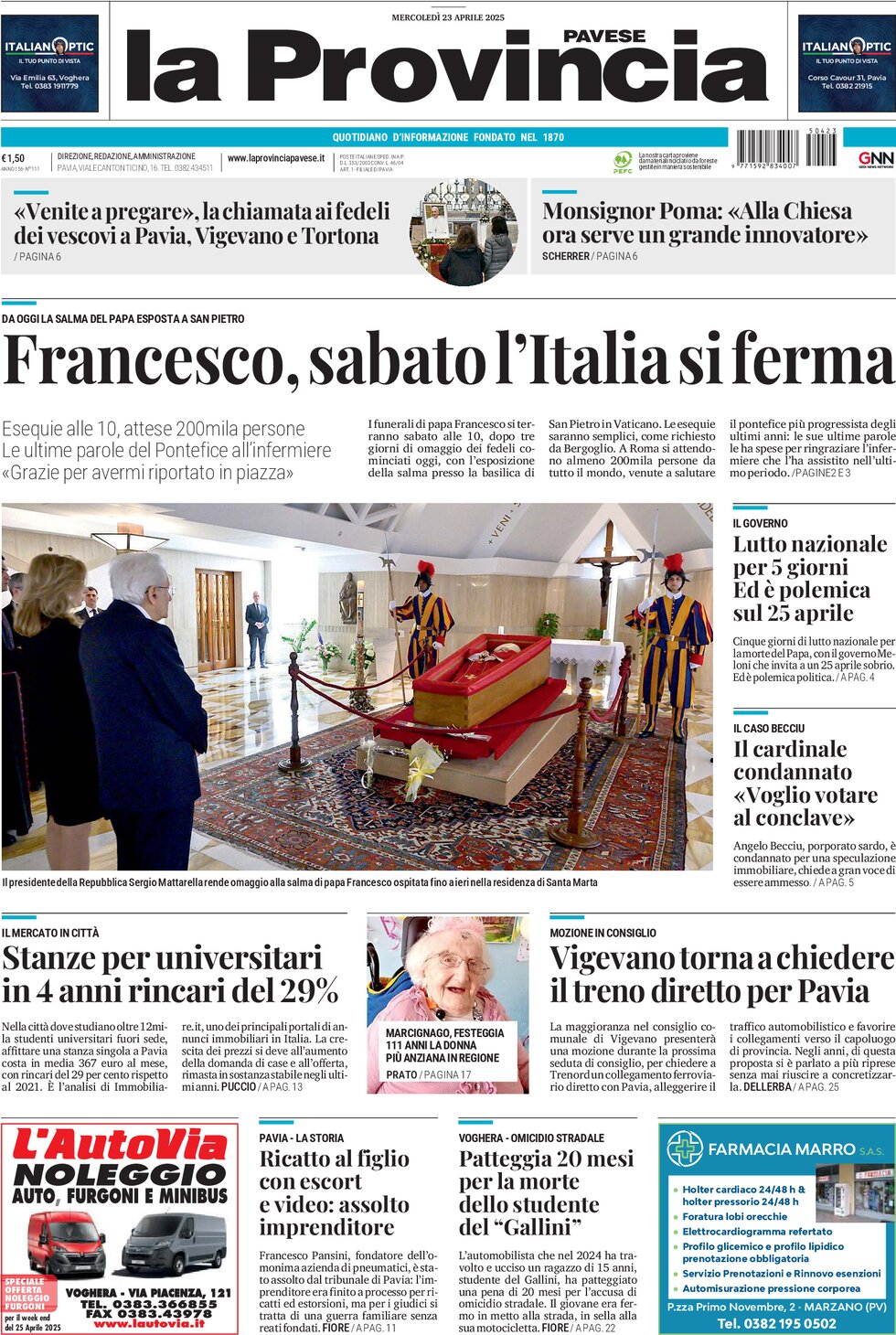 Prima Pagina La Provincia Pavese 23/04/2025