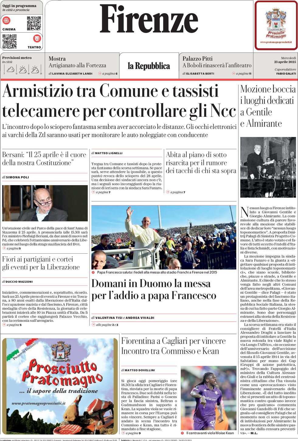 Prima Pagina La Repubblica (Firenze) 23/04/2025