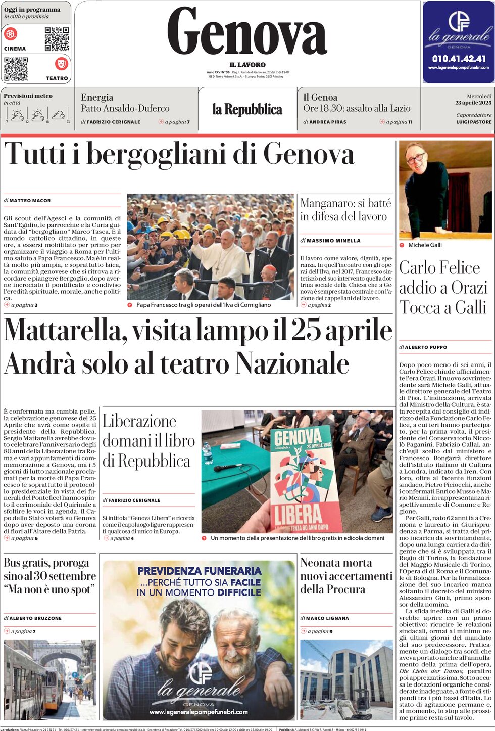 Prima Pagina La Repubblica (Genova) 23/04/2025