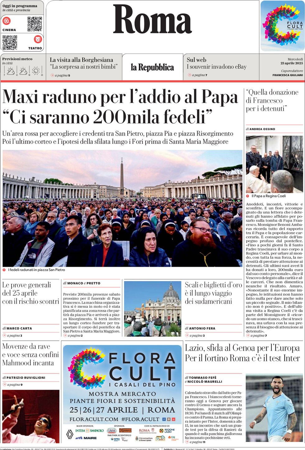Prima Pagina La Repubblica (Roma) 23/04/2025