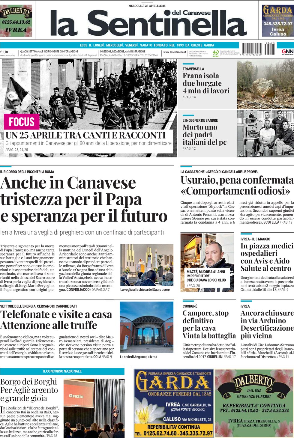 Prima Pagina La Sentinella del Canavese 23/04/2025