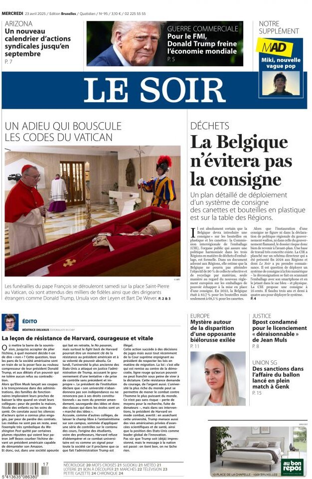 Prima Pagina Le Soir 23/04/2025