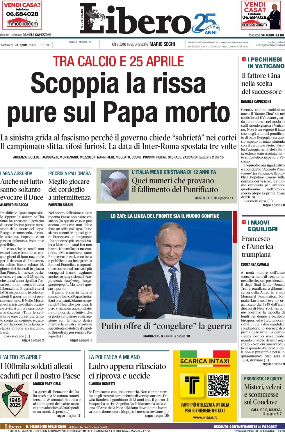 Prima Pagina Libero Quotidiano 23/04/2025