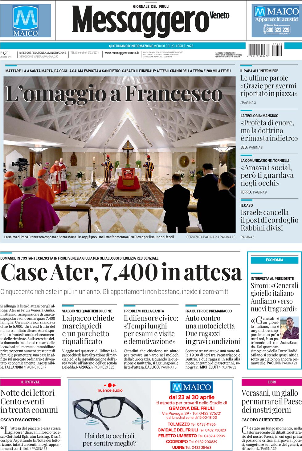 Prima Pagina Messaggero Veneto (Udine) 23/04/2025