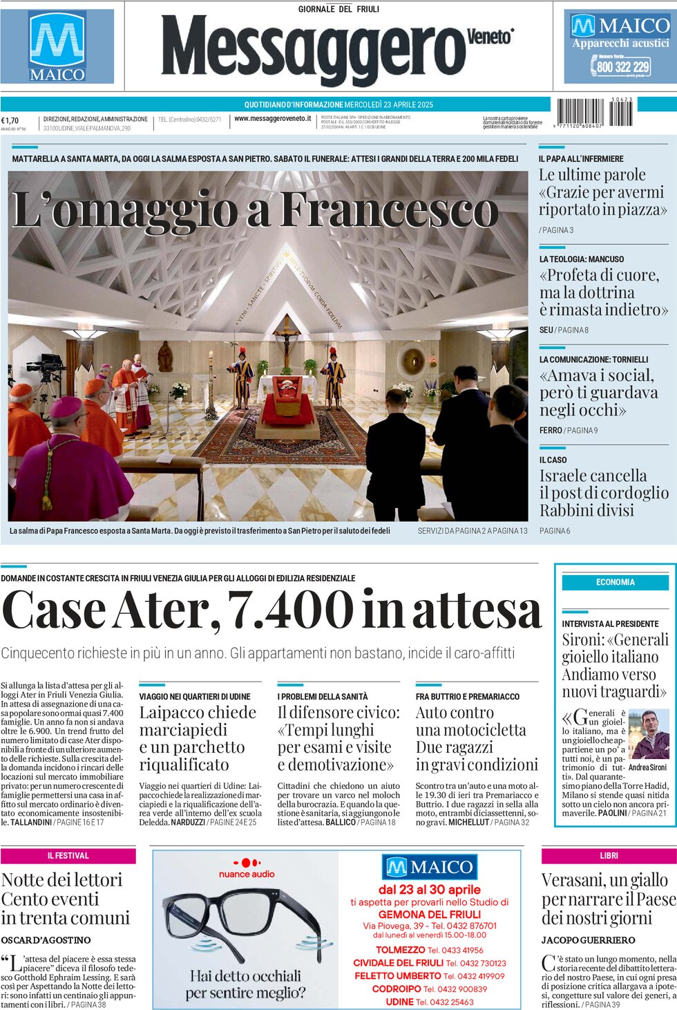 Prima Pagina Messaggero Veneto (Gorizia) 23/04/2025
