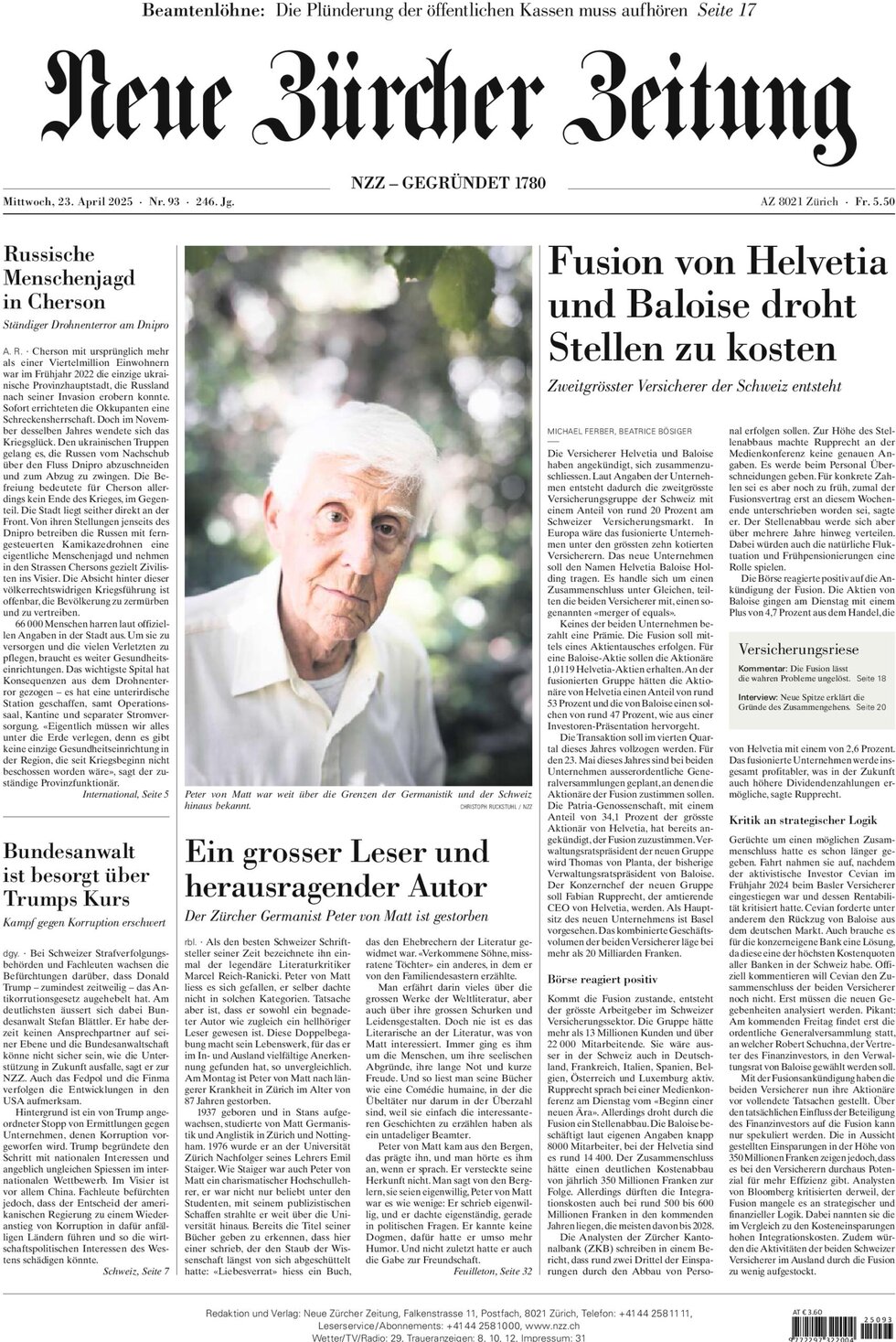 Prima Pagina NZZ (Neue Zürcher Zeitung) 23/04/2025