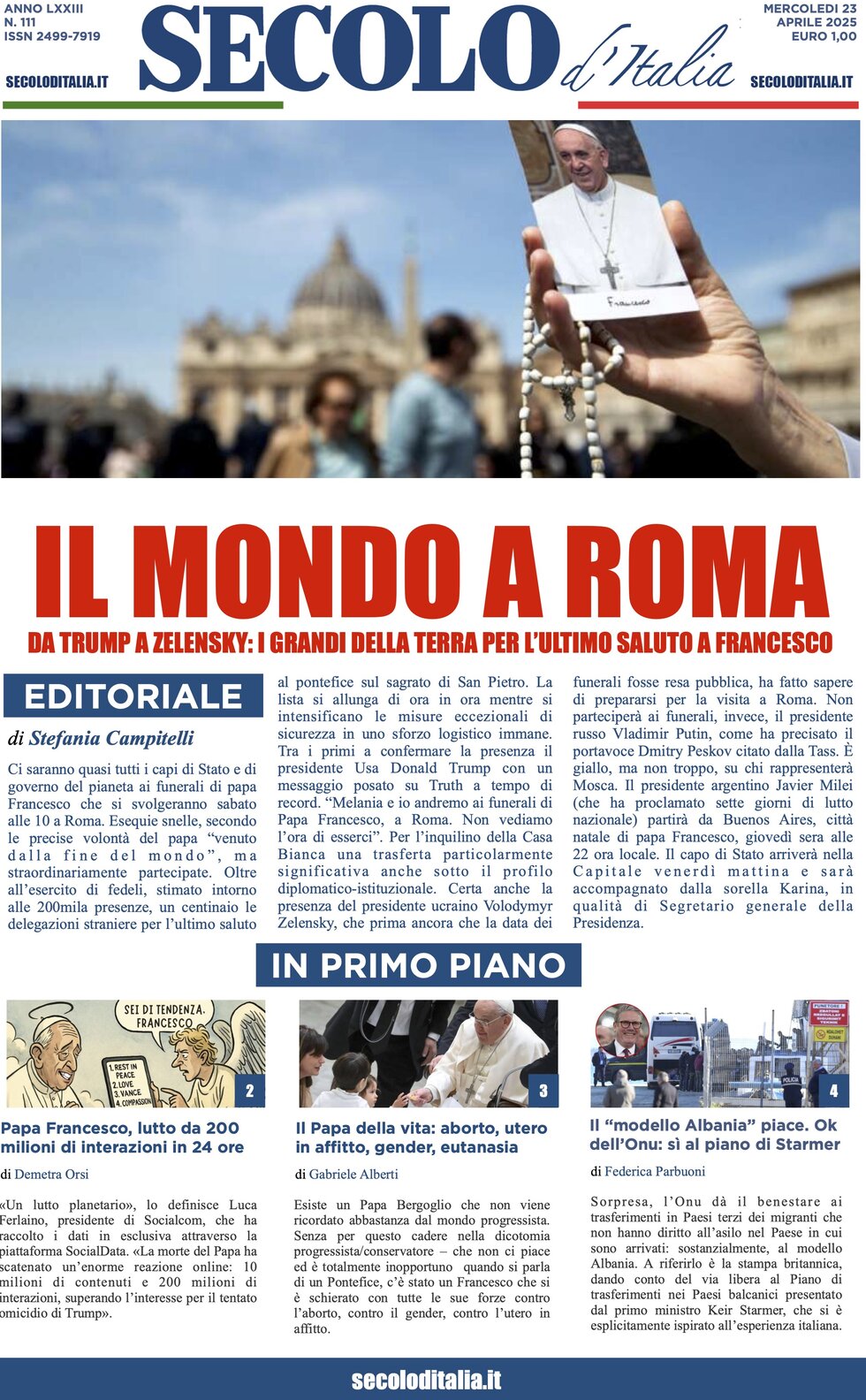 Prima Pagina Secolo d'Italia 23/04/2025