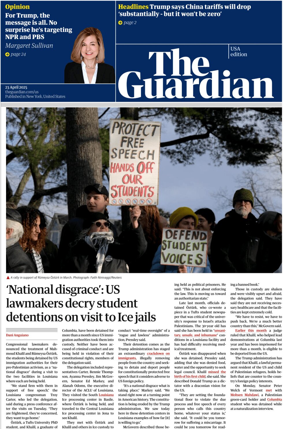 Prima Pagina The Guardian US 23/04/2025