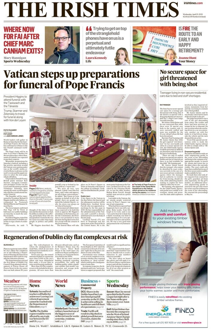 Prima Pagina The Irish Times 23/04/2025