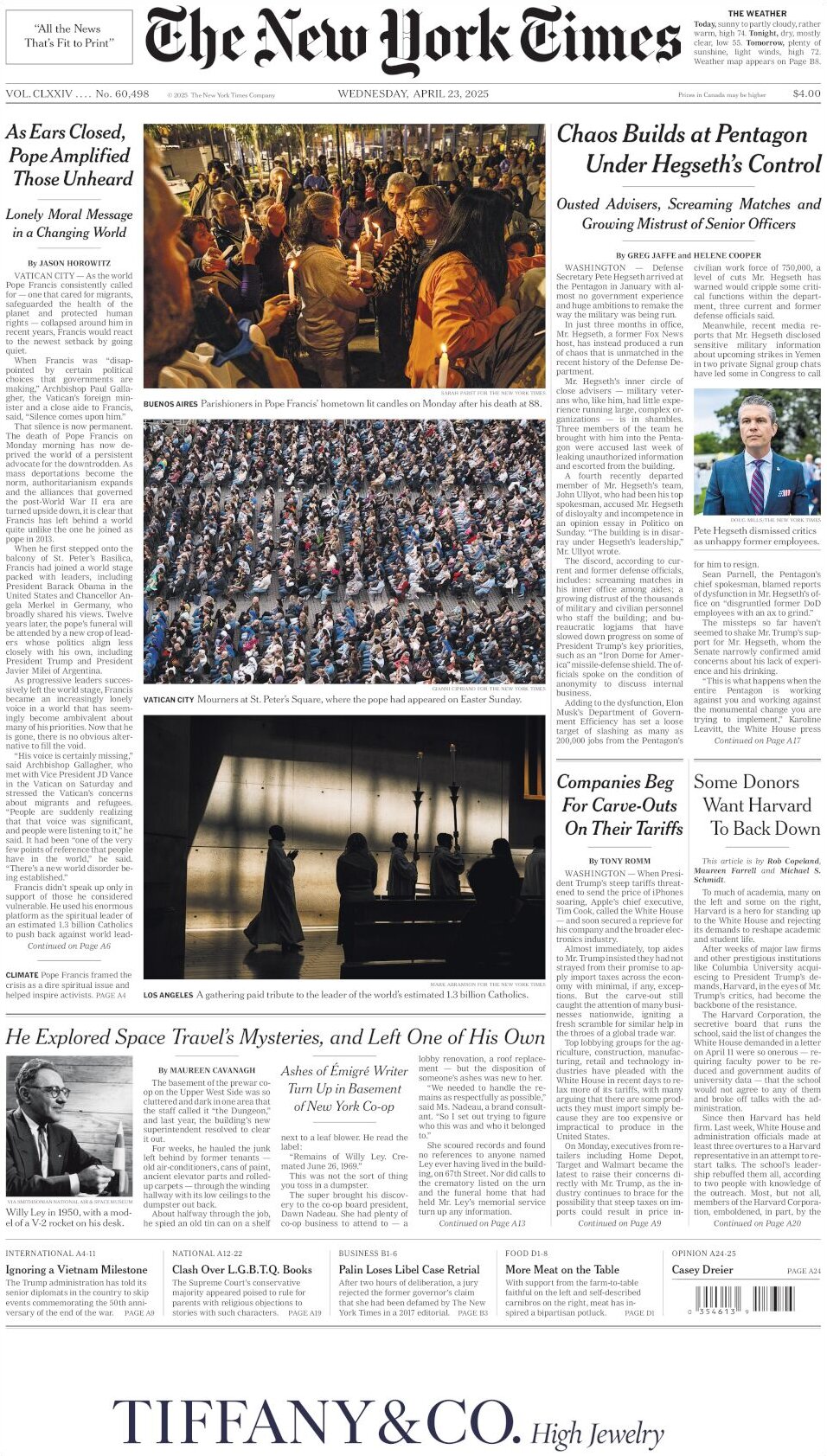 Prima Pagina The New York Times 23/04/2025