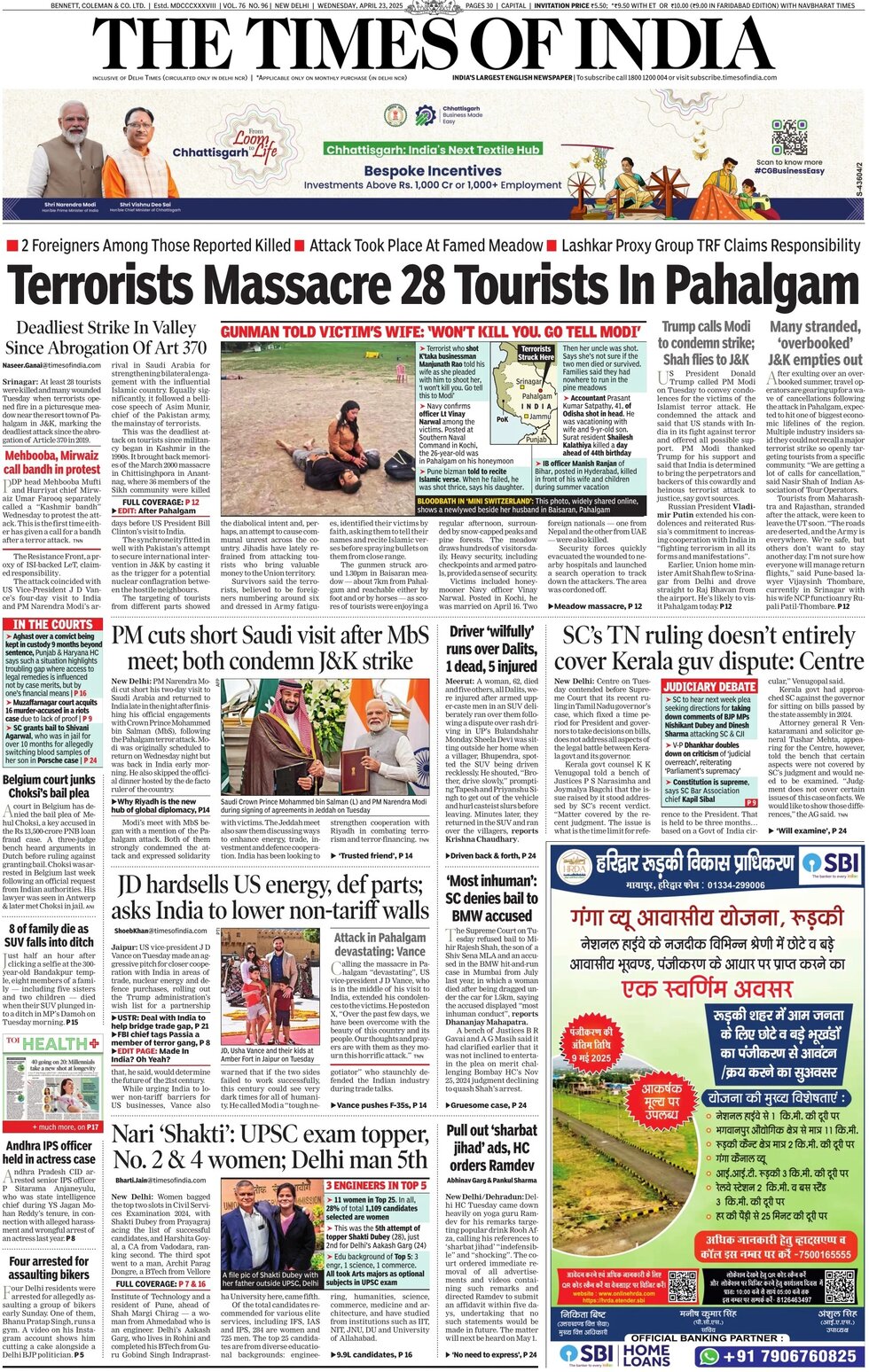 Prima Pagina The Times of India 23/04/2025