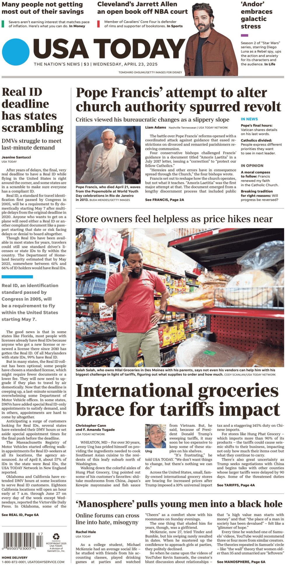 Prima Pagina USA Today 23/04/2025