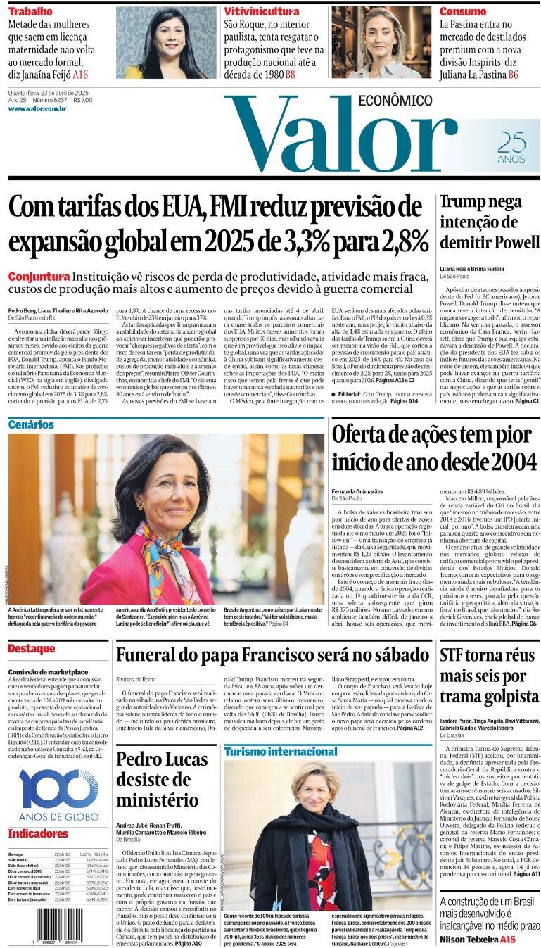 Prima Pagina Valor Econômico 23/04/2025