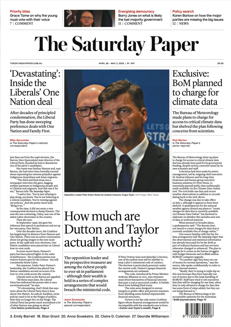 Copertina The Saturday Paper 26/04/2025