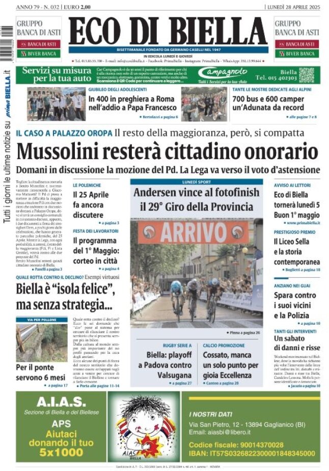 Prima Pagina Eco di Biella 28/04/2025