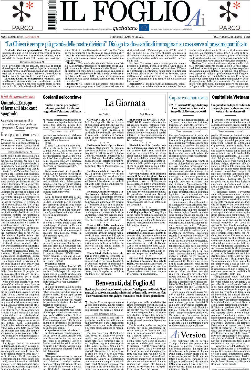 Prima Pagina Il Foglio AI 29/04/2025