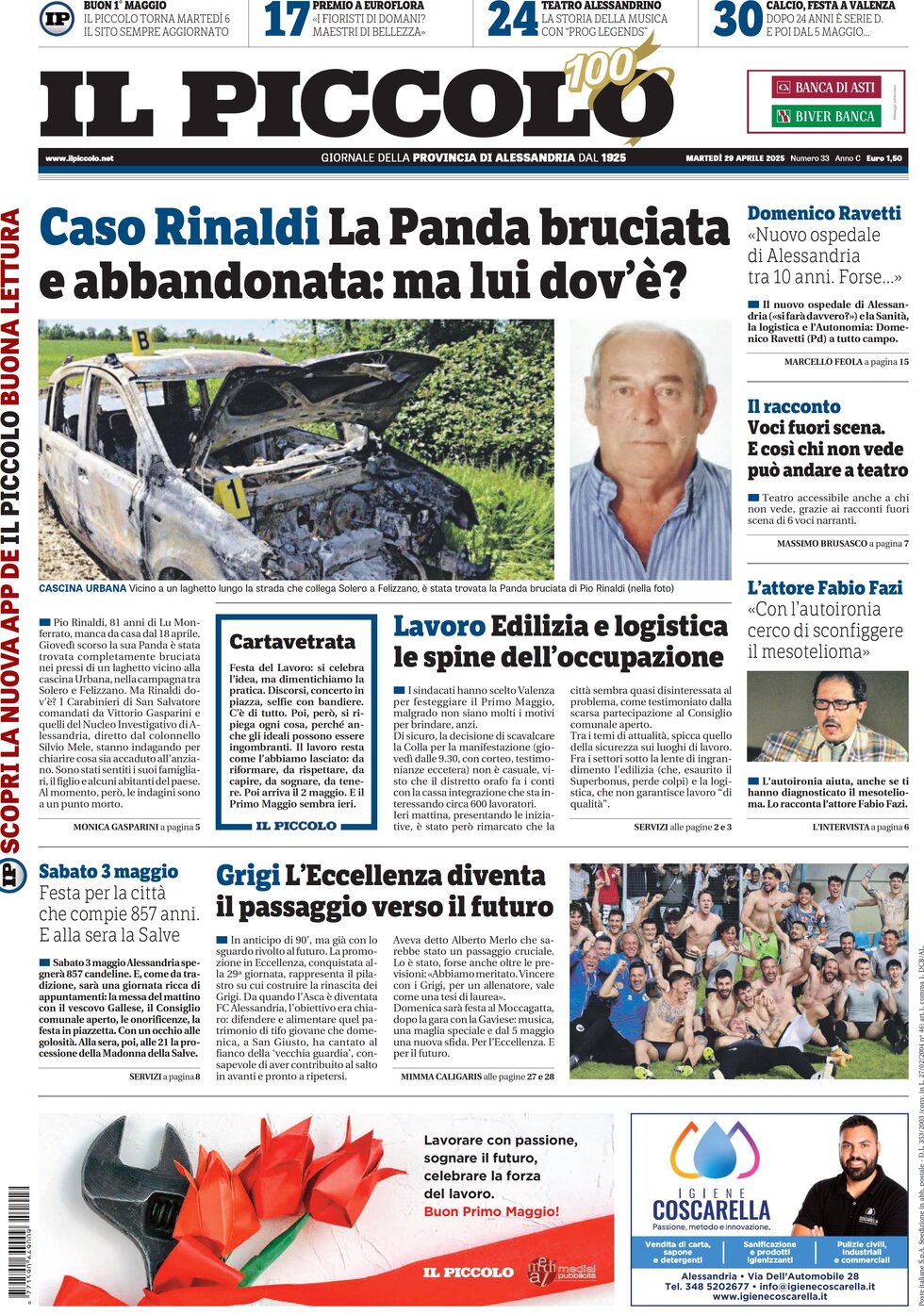 Prima Pagina Il Piccolo (Alessandria) 29/04/2025