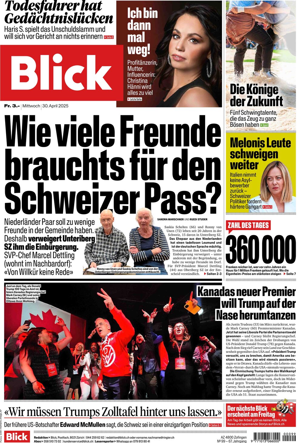 Prima Pagina Blick 30/04/2025