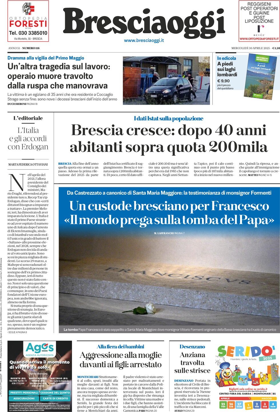 Prima Pagina Brescia Oggi 30/04/2025