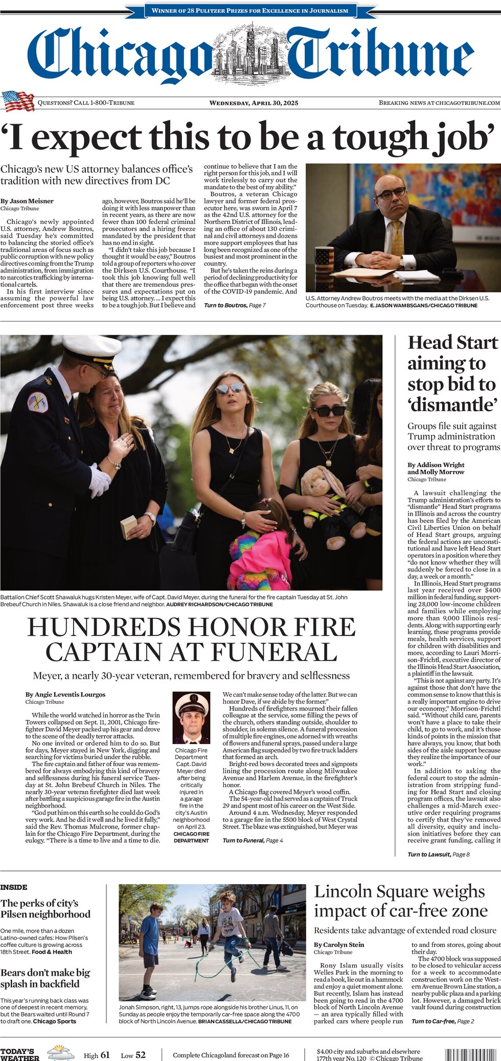 Prima Pagina Chicago Tribune 30/04/2025