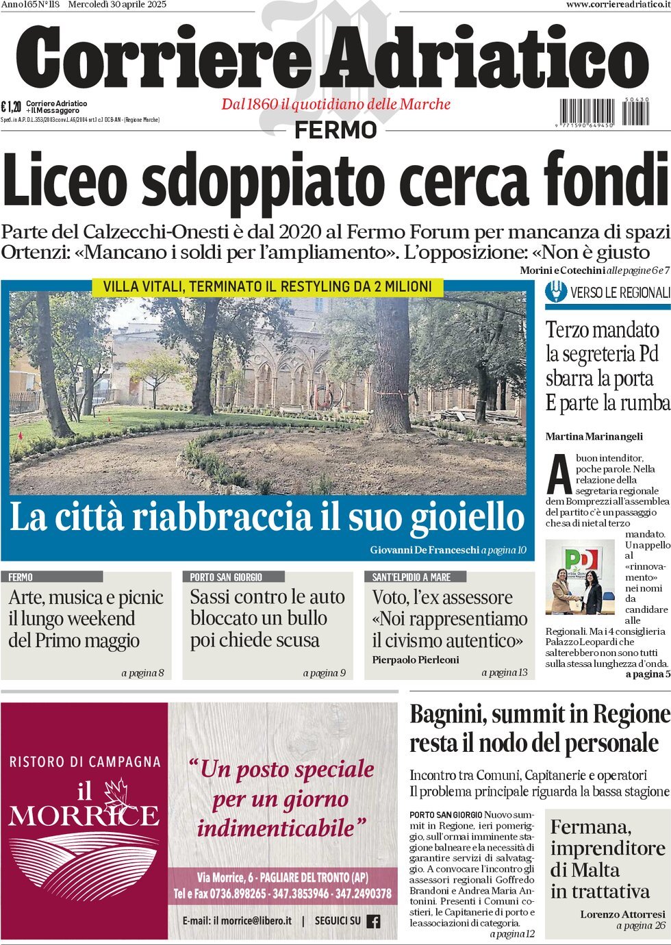 Prima Pagina Corriere Adriatico (Fermo) 30/04/2025