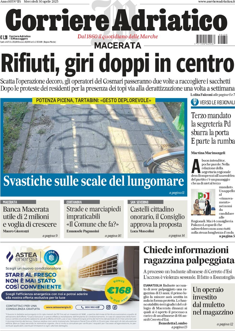 Prima Pagina Corriere Adriatico (Macerata) 30/04/2025