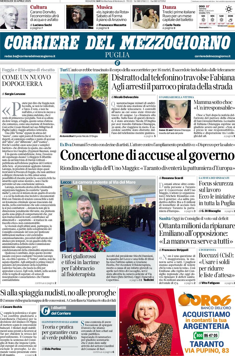 Prima Pagina Corriere del Mezzogiorno (Puglia) 30/04/2025