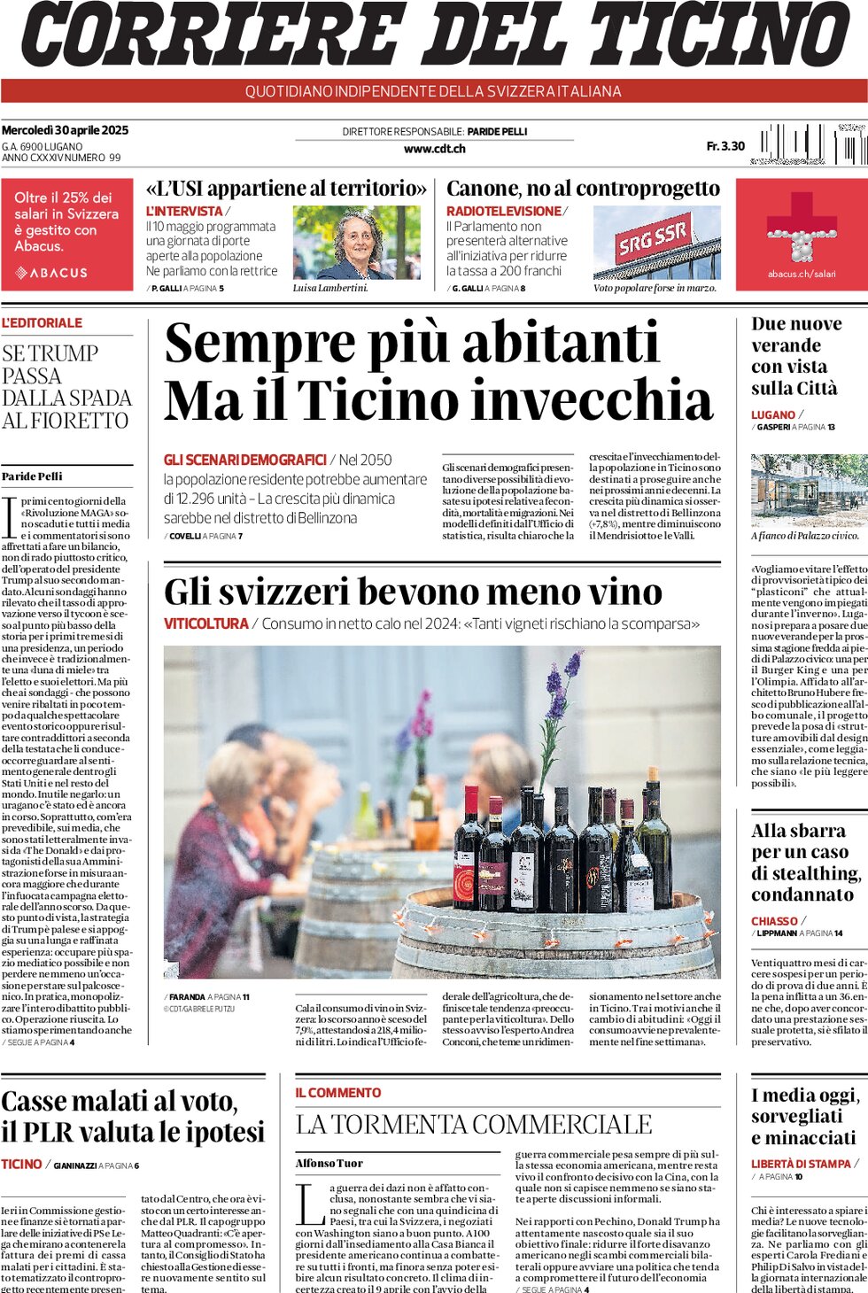 Prima Pagina Corriere del Ticino 30/04/2025