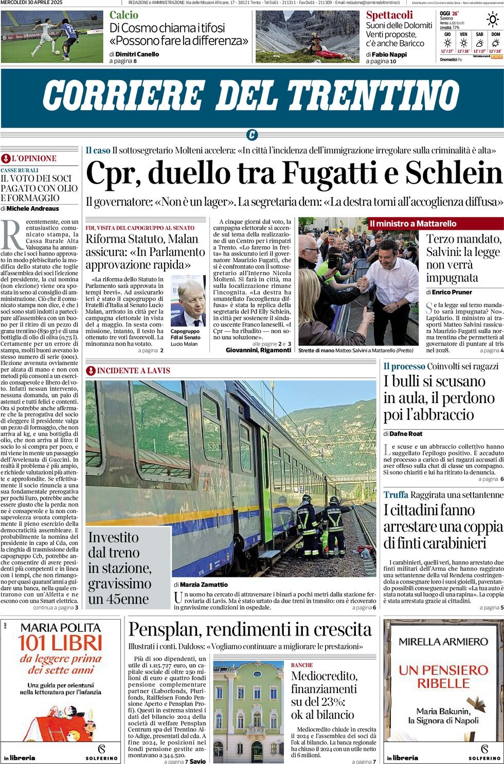 Prima Pagina Corriere del Trentino 30/04/2025
