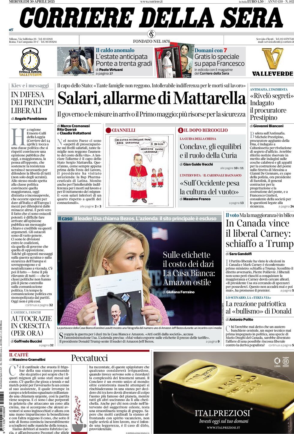 Prima Pagina Corriere della Sera 30/04/2025