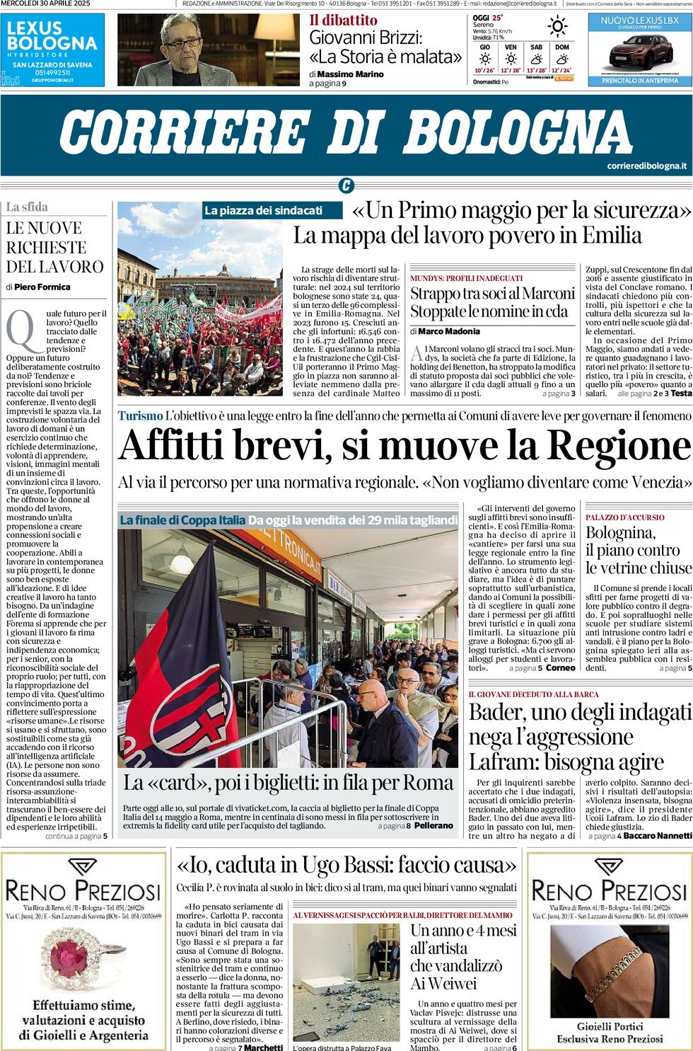 Prima Pagina Corriere di Bologna 30/04/2025
